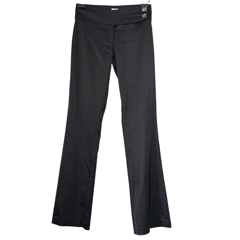 Cache Black Satin Y2K Low Rise Flare Leg Pants Flat Front Stretch SZ 4